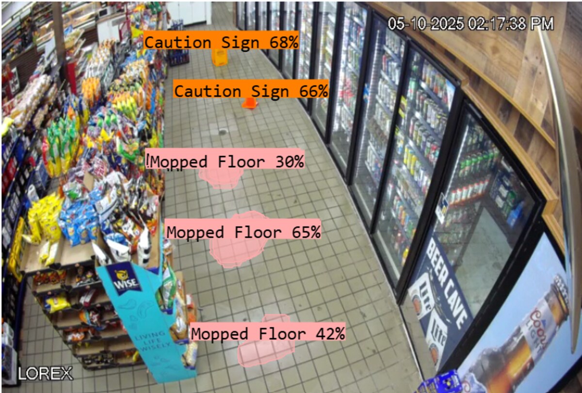 Real CCTV frame: FloorEye AI detecting caution signs and recently mopped floor areas